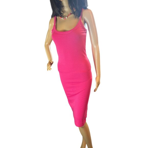 Love Wish Ribbed Midi Tank Dress Size Medium in Bright Pink Y2K Beachy Coastal B - Picture 2 of 6